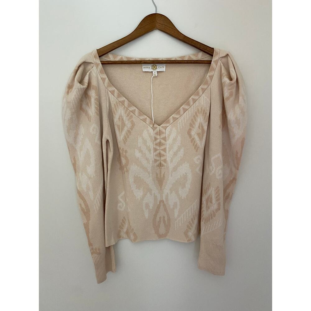 NWOT Anna Cate Sweatshirt Cotton Blend Cream Beige Ikat Poof Sleeve Medium Tan